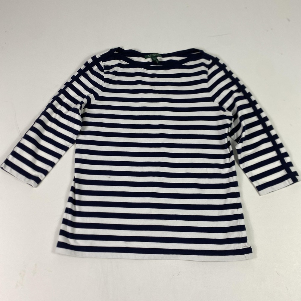 Lauren Ralph Lauren Shirt Womens XL Blue White Stripe Boat Neck 3/4 Sleeve